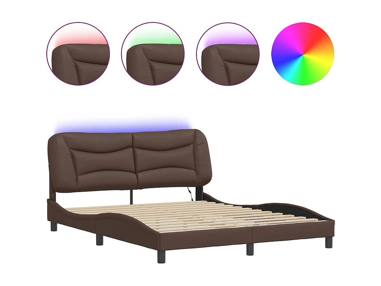 Cama c/ luzes LED 160x200cm couro artificial castanho PT751787