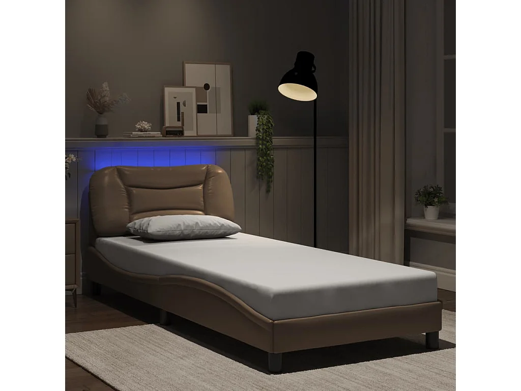 Cama individual- 90x190 cm con LED cuero sintético capuchino ES642437