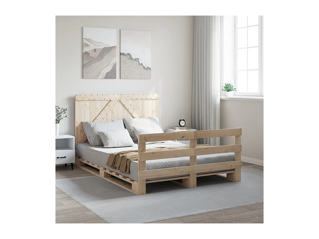 Lit double + tête de lit 140x200 cm bois de pin massif FR22358