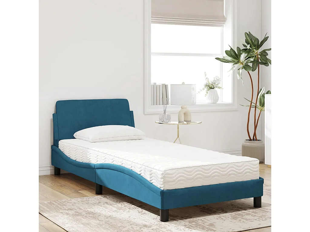 Lit adulte + matelas bleu 90x190 cm velours FR73836