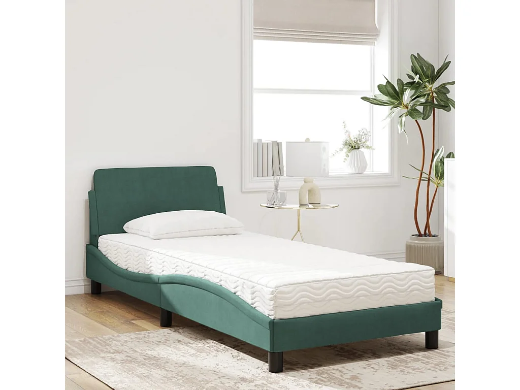 Lit adulte + matelas vert foncé 80x200 cm velours FR94663