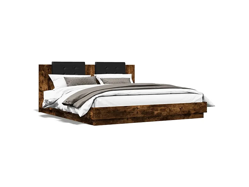 Lit double tête de lit et lumières LED chêne fumé 160x200 cm FR24372