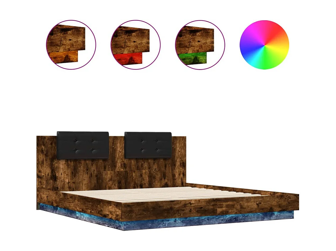 Lit double tête de lit et lumières LED chêne fumé 160x200 cm FR24372