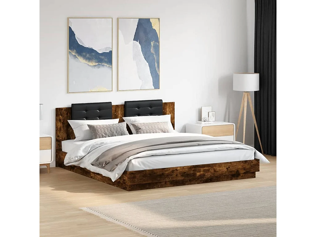 Lit double tête de lit et lumières LED chêne fumé 160x200 cm FR24372