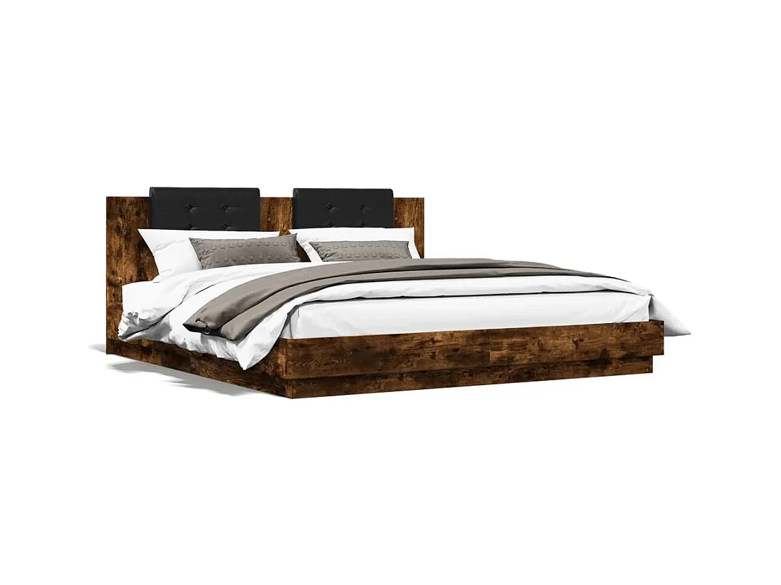 Lit double tête de lit et lumières LED chêne fumé 160x200 cm FR24372