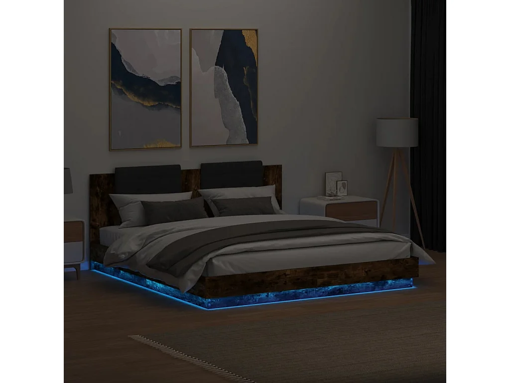 Lit double tête de lit et lumières LED chêne fumé 160x200 cm FR24372