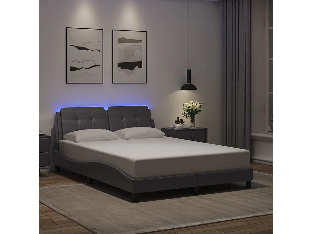 Lit double avec lumières LED gris 140x200 cm similicuir FR34529