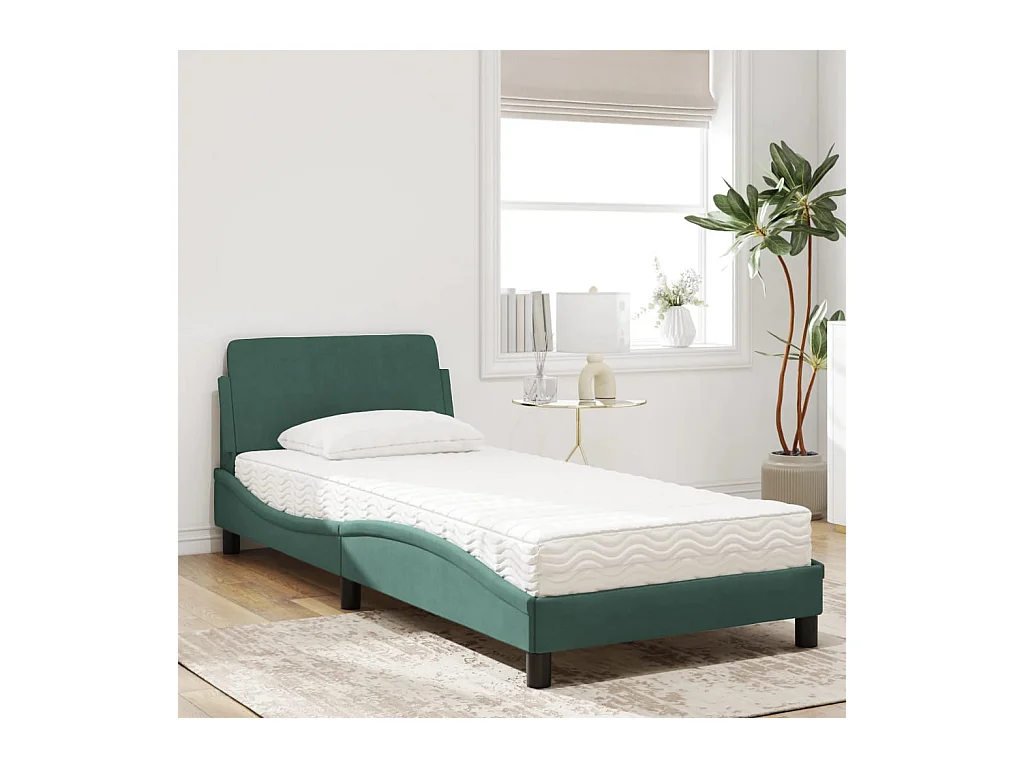 Lit adulte + matelas vert foncé 90x190 cm velours FR15298