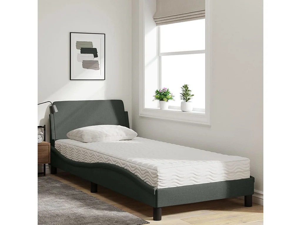 Lit adulte + matelas gris foncé 90x200 cm tissu FR97424