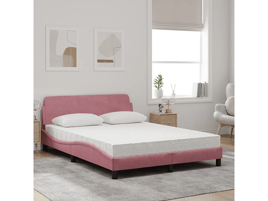 Lit adulte + matelas rose 140x200 cm velours FR10697