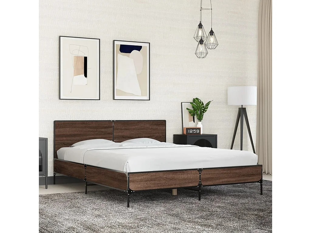 Cama 150x200 cm - madera ingeniería metal marrón roble ES788928