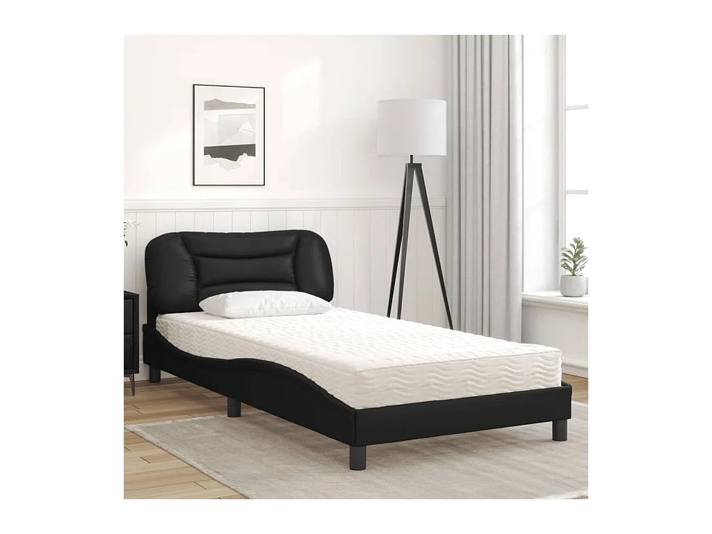 Lit adulte + matelas noir 100x200 cm similicuir FR74173