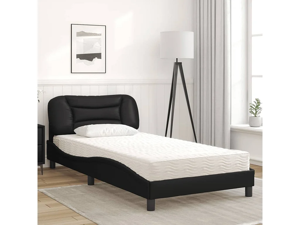 Lit adulte + matelas noir 100x200 cm similicuir FR74173