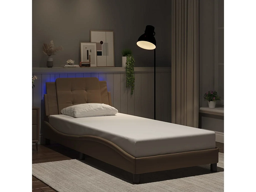 Cama c/ luzes LED 80x200cm couro artif. cappuccino PT255085