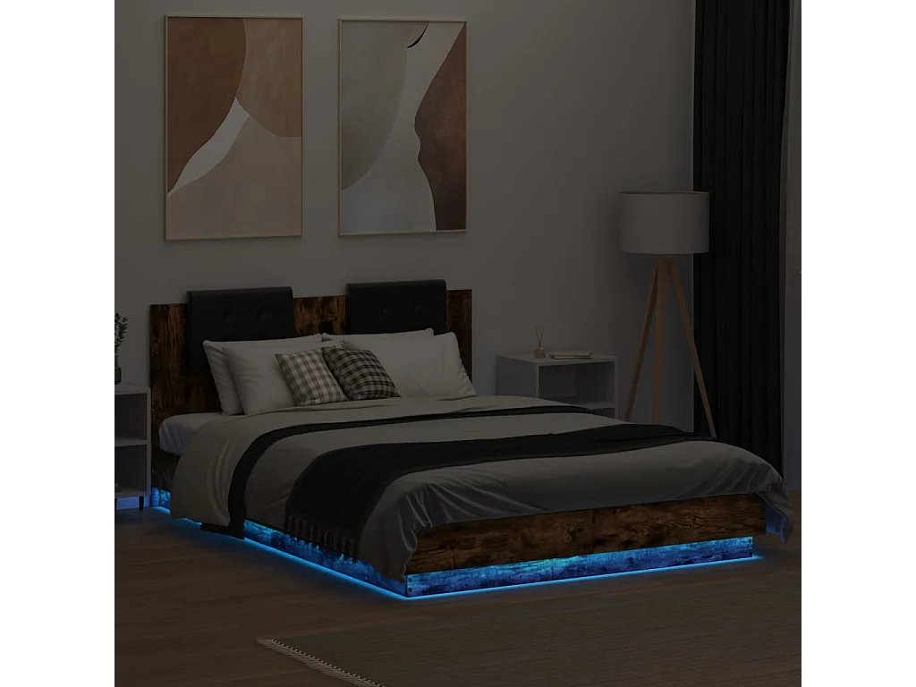 Lit double tête de lit et lumières LED chêne fumé 140x200 cm FR33311