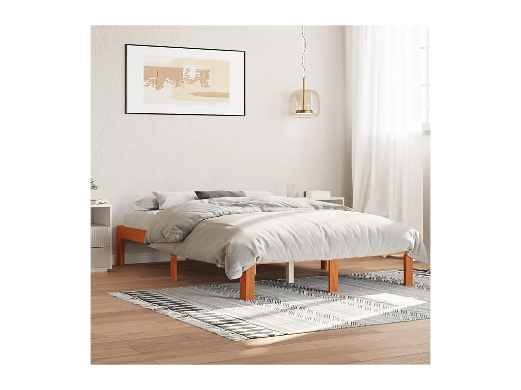 Lit double cire marron 140x200 cm bois de pin massif FR65638