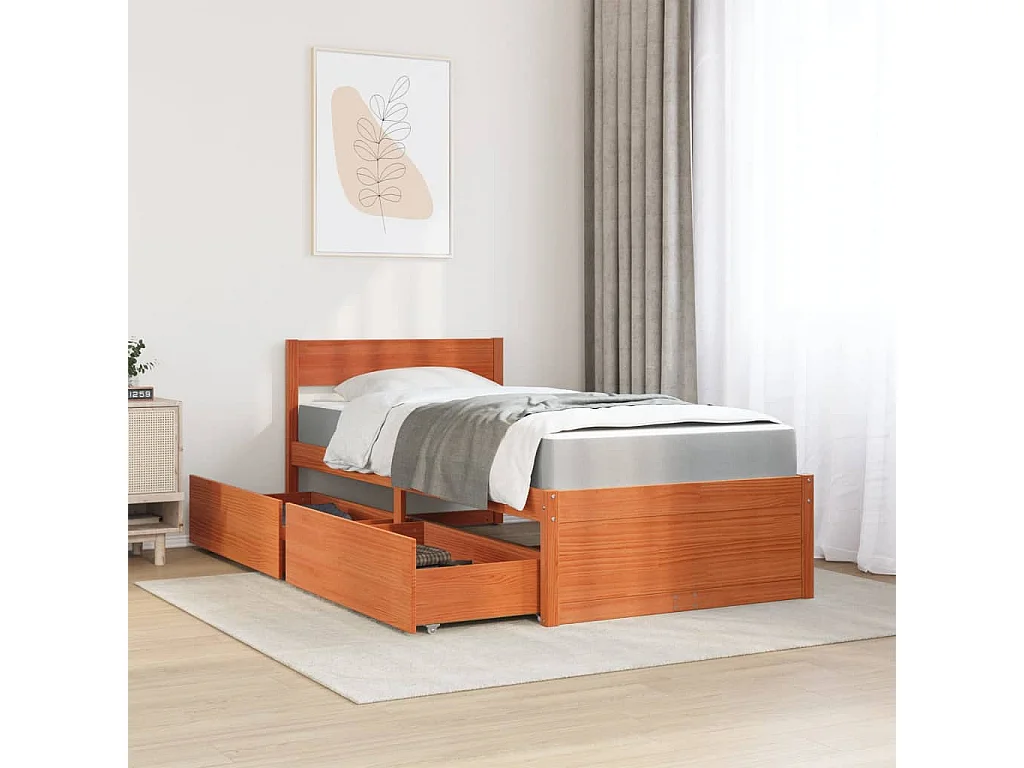 Cama 90x190 cm con cajones y colchón madera pino marrón cera ES251674