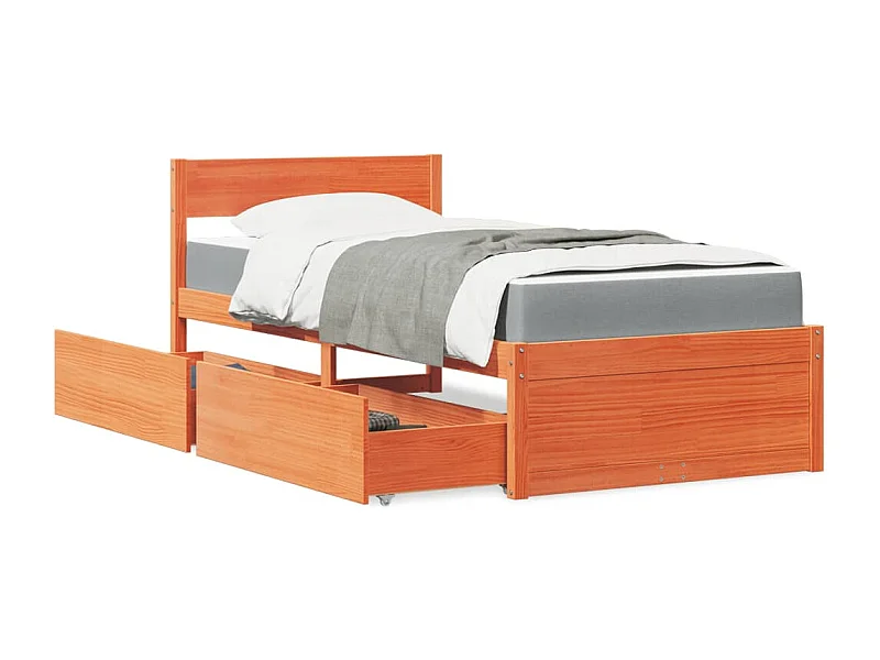 Cama 90x190 cm con cajones y colchón madera pino marrón cera ES251674
