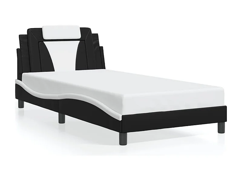 Cama individual- con cabecero cuero sintético negro y blanco ES300434