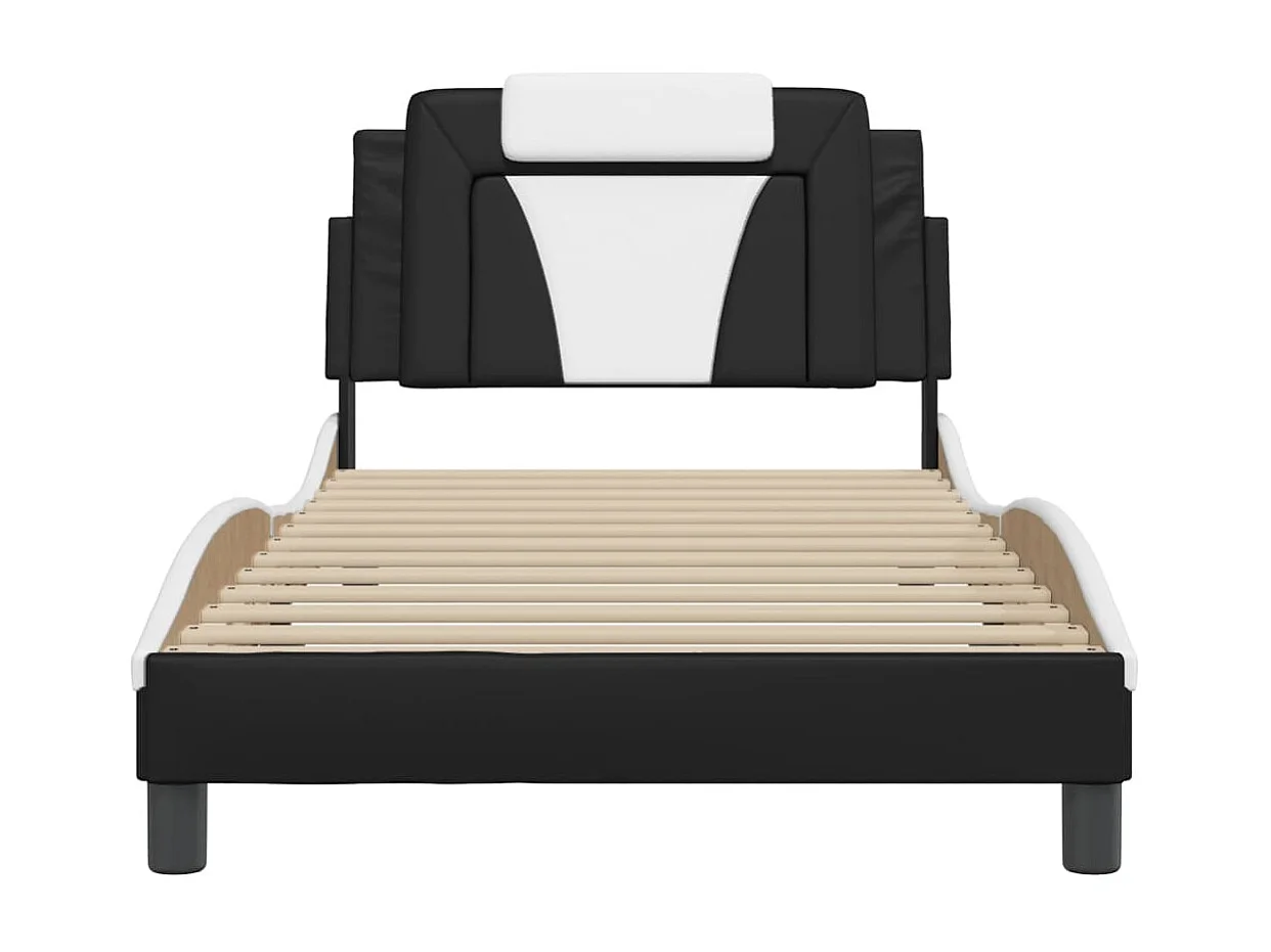 Cama individual- con cabecero cuero sintético negro y blanco ES300434