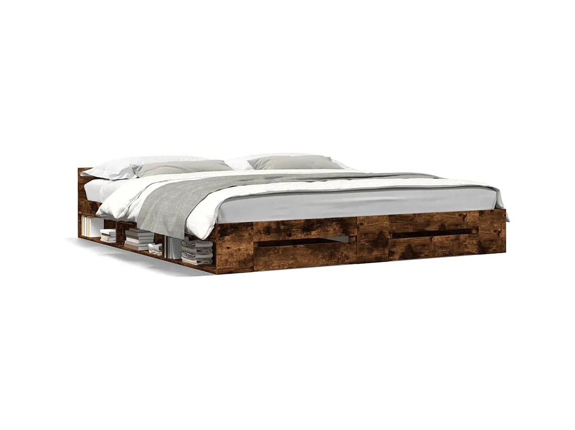 Lit double à tiroirs chêne fumé 180x200 cm bois d'ingénierie FR56735