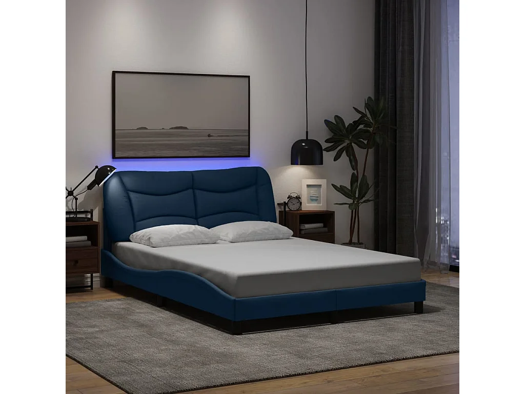 Lit double avec lumières LED bleu 140x190 cm tissu FR65034