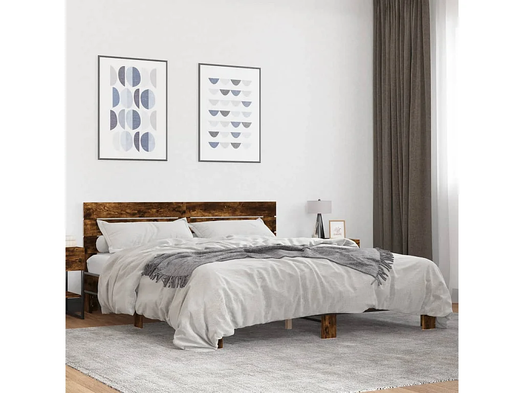 Lit double chêne fumé 200x200 cm bois d'ingénierie et métal FR70137