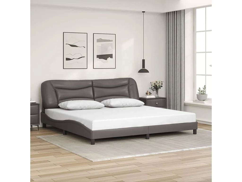 Cama matrimonial- 200x200 cm con cabecero cuero sintético gris ES937777