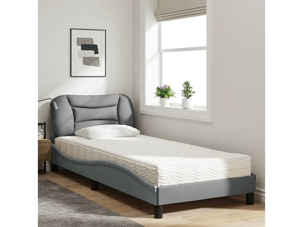 Lit adulte + matelas gris clair 90x200 cm tissu FR55396