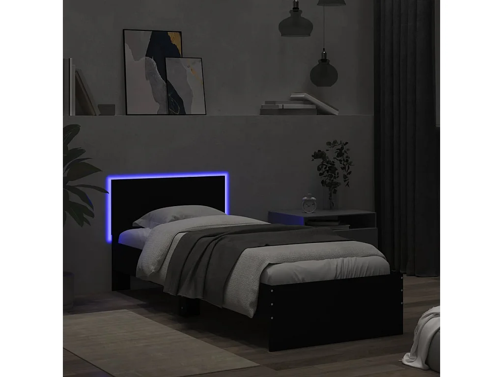 Lit simple + tête de lit et lumières LED noir 75x190 cm FR86531