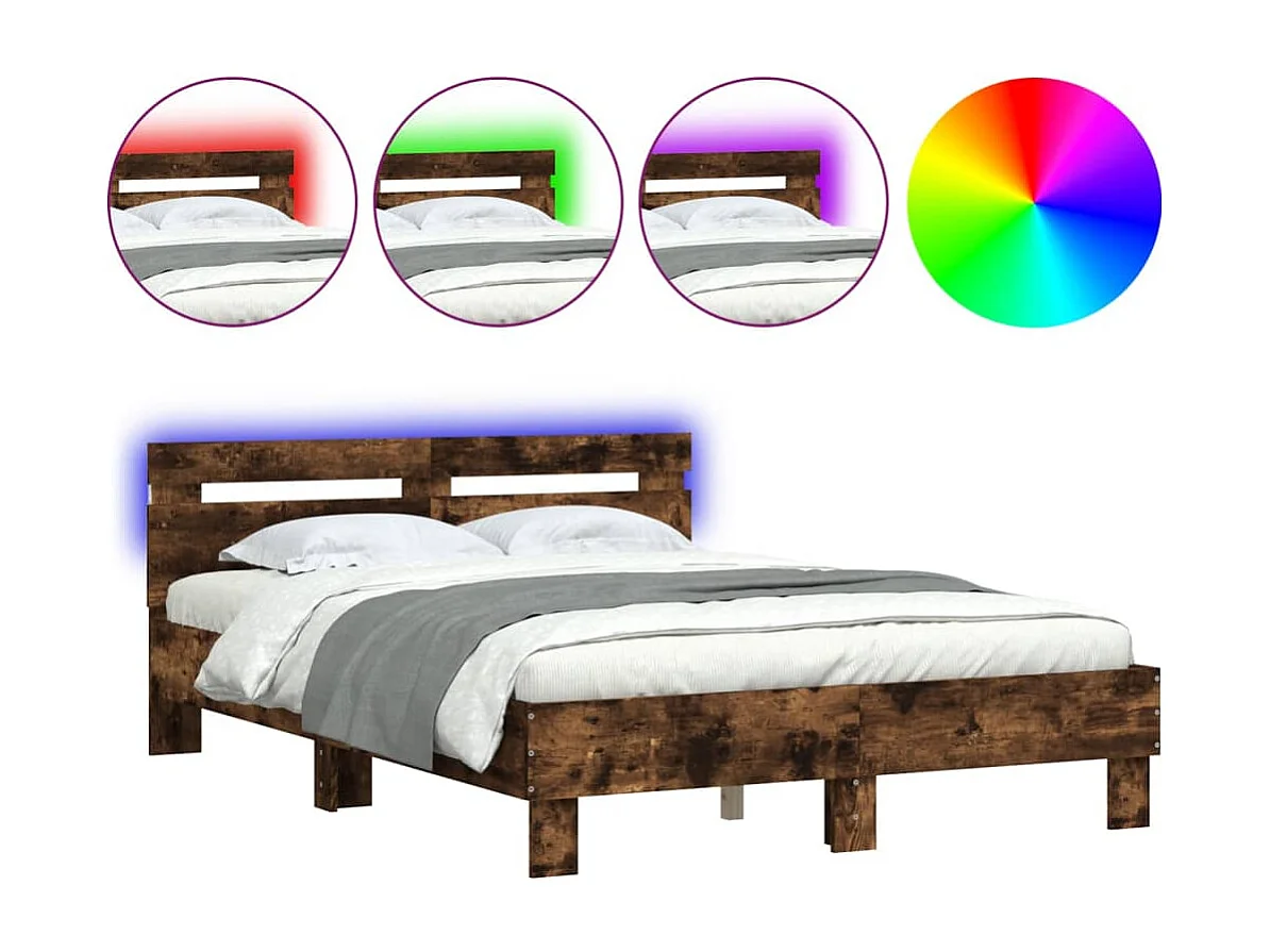 Bedframe met hoofdeinde en LED gerookt eikenkleurig 120x190 cm BE541341