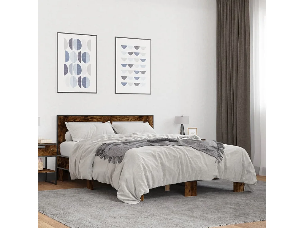 Lit double chêne fumé 120x200 cm bois d'ingénierie et métal FR98057