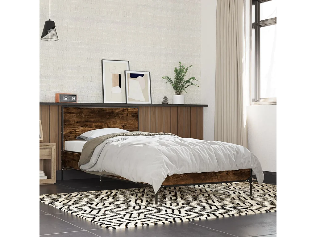 Lit simple chêne fumé 90x200 cm bois d'ingénierie et métal FR21469