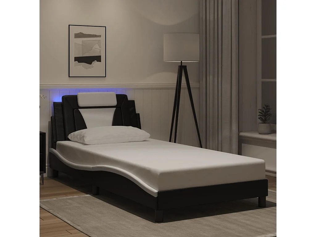 Lit simple avec lumières LED noir blanc 100x200 cm similicuir FR16120