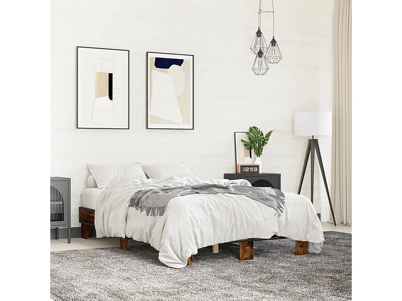 Lit double chêne fumé 140x200 cm bois d'ingénierie et métal FR77484