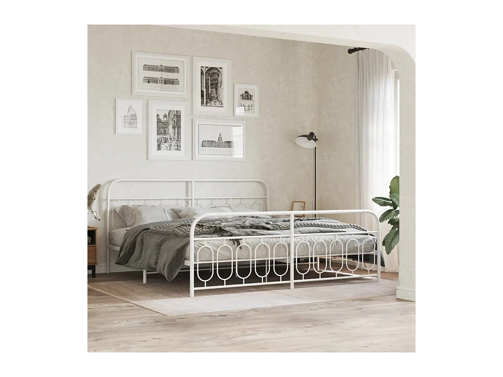 Lit double métal + tête de lit/pied de lit blanc 200x200cm FR87671