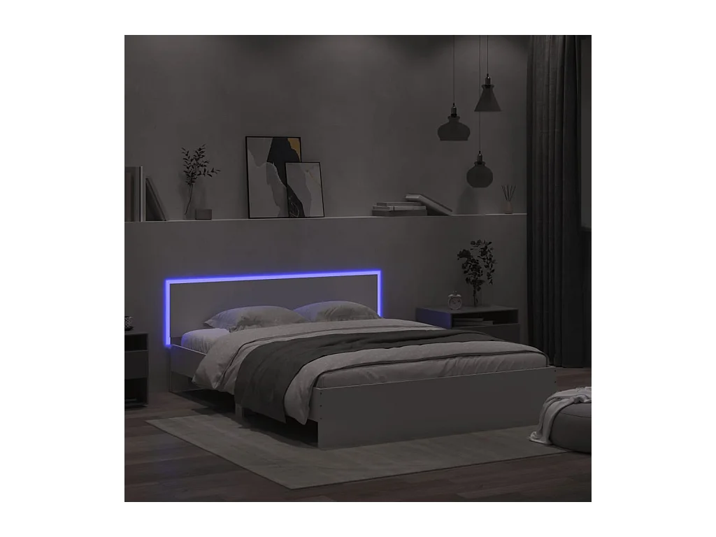 Lit double + tête de lit et LED blanc 150x200 cm FR34475