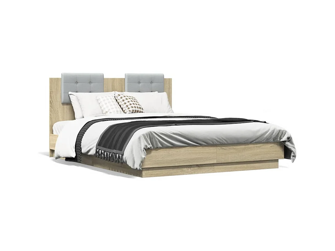 Lit double tête de lit et lumières LED chêne sonoma 140x190cm FR63792