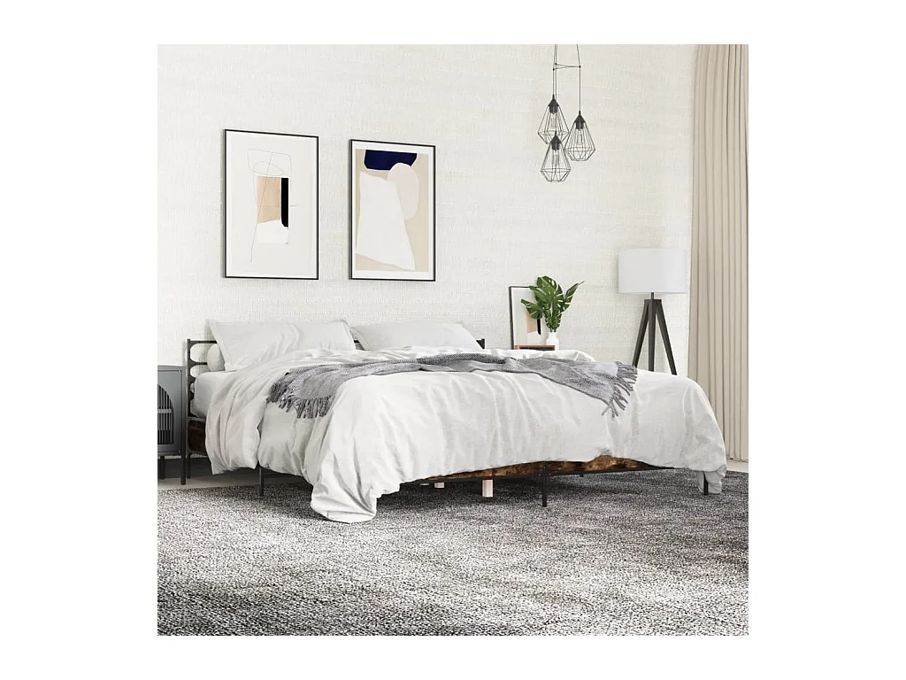 Lit double chêne fumé 200x200 cm bois d'ingénierie et métal FR67986