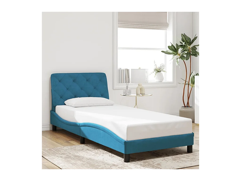 Lit simple + tête de lit bleu 90x190 cm velours FR80610