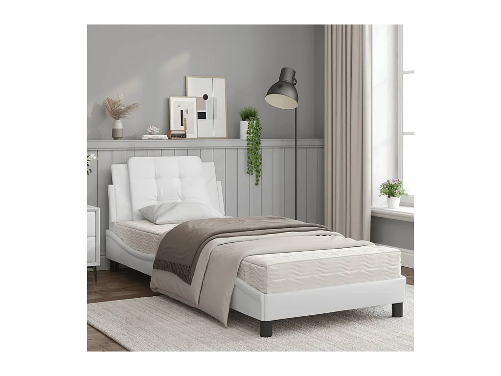 Lit adulte + matelas blanc 90x190 cm similicuir FR37249