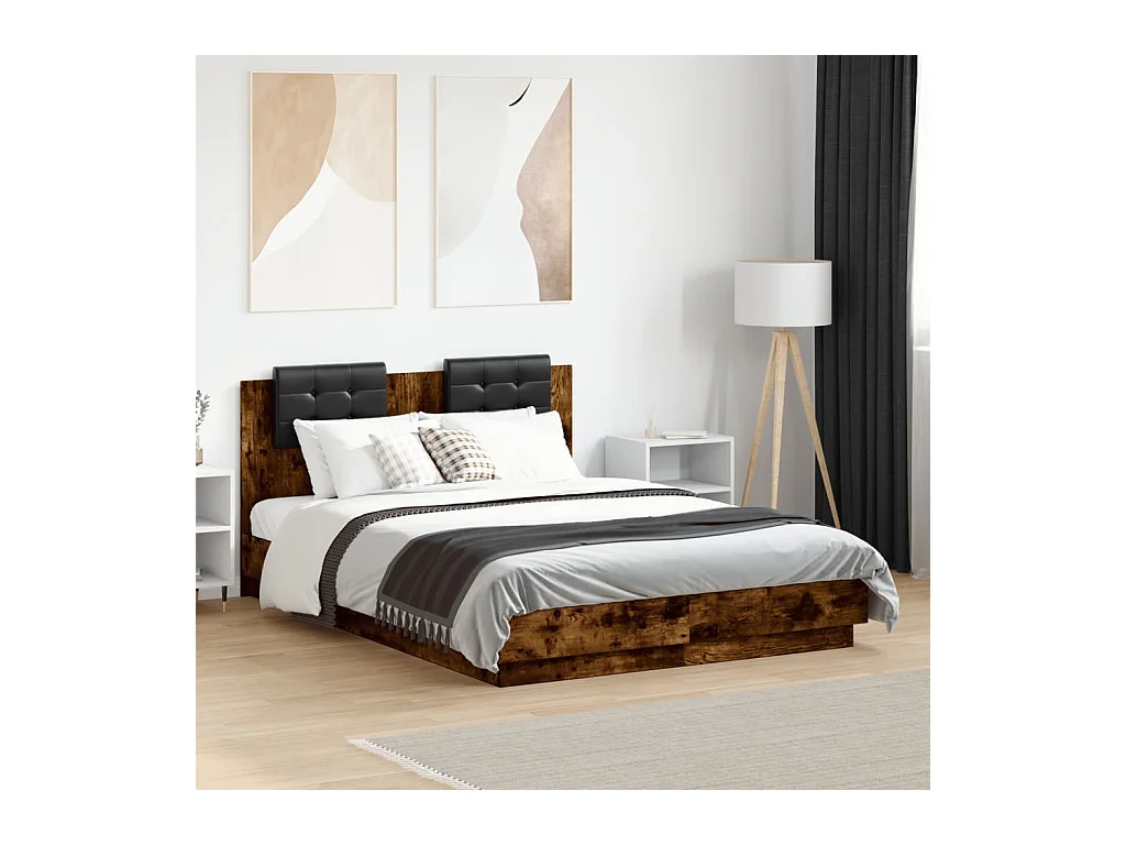 Lit double + tête de lit chêne fumé 120x190 cm FR13093