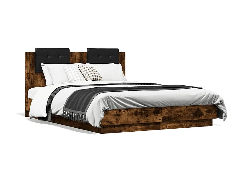 Bedframe met hoofdeinde bewerkt hout gerookt eiken 120x190 cm BE712725