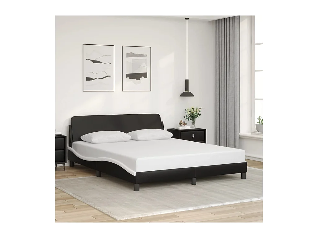 Lit double et tête de lit noir et blanc 160x200 cm similicuir FR53085