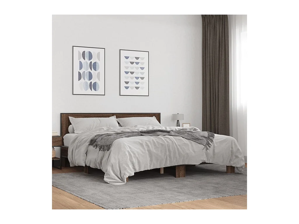 Lit double chêne marron 200x200 cm bois d'ingénierie et métal FR68429