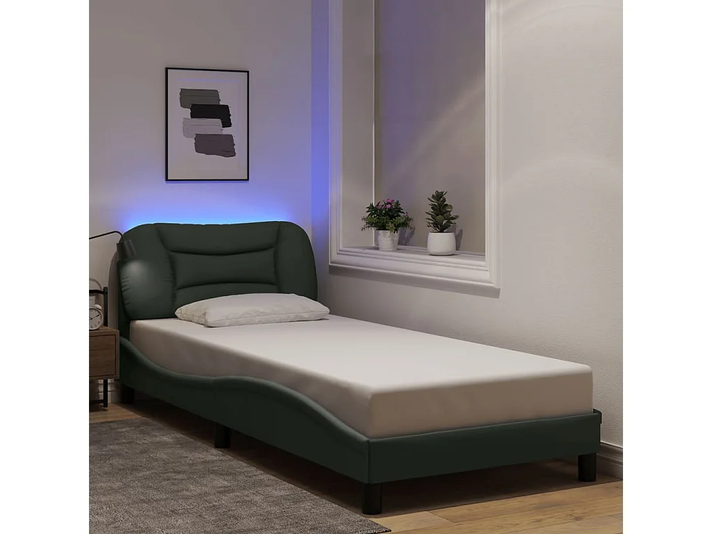 Cama individual- 90x200 cm con luces LED tela gris oscuro ES937951