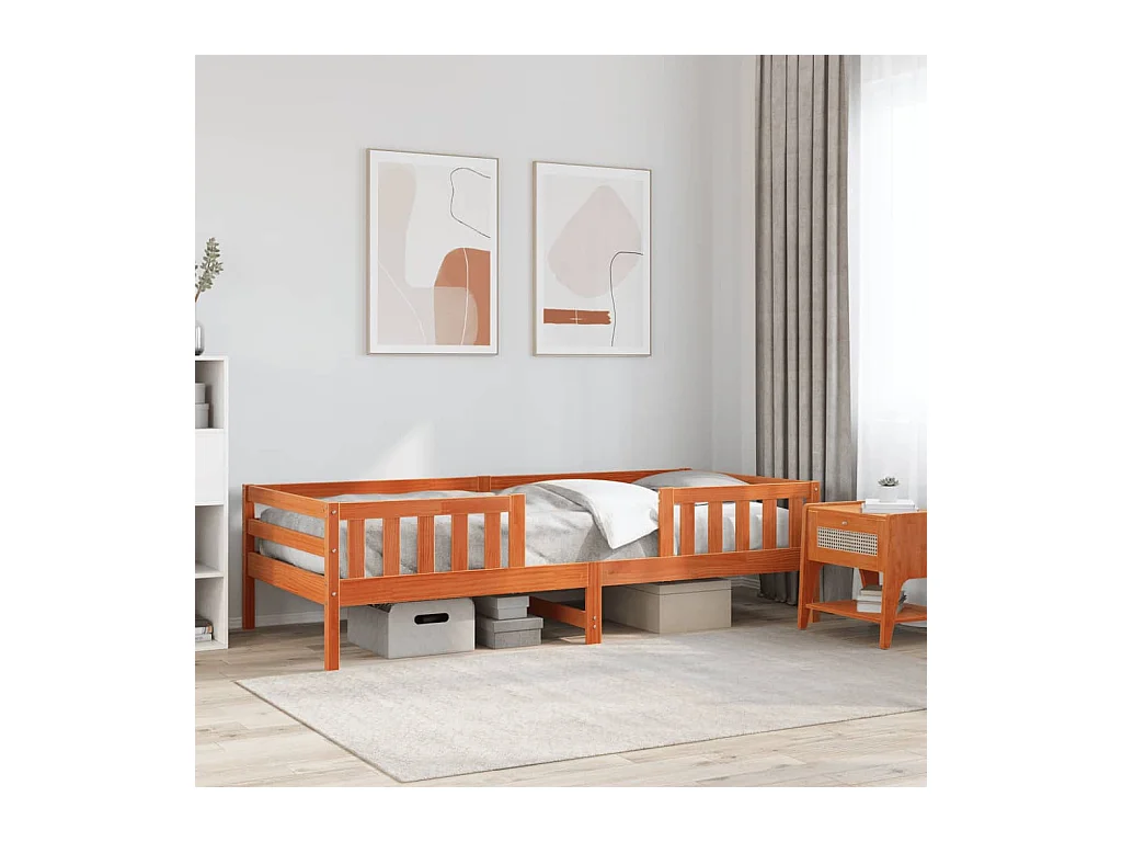 Lit simple cire marron 90x200 cm bois de pin massif FR99139