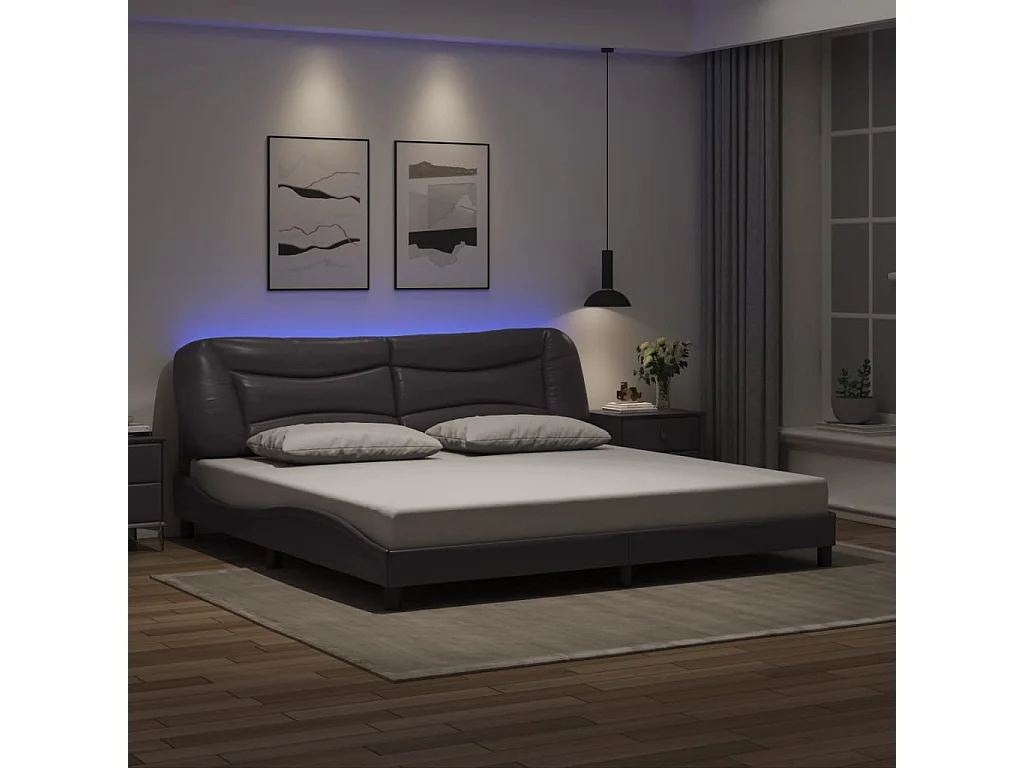 Lit double avec lumières LED gris 200x200 cm similicuir FR56923