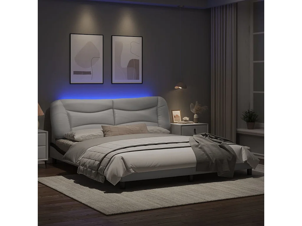 Lit double avec lumières LED blanc noir 180x200 cm similicuir FR96054