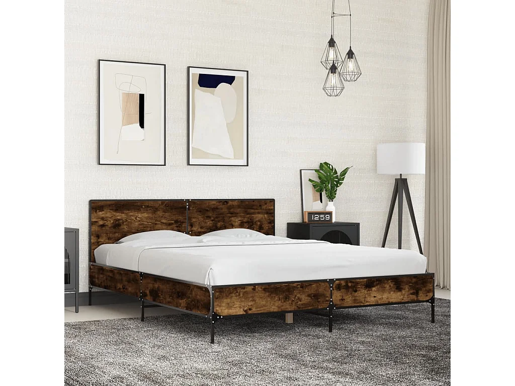 Lit double chêne fumé 150x200 cm bois d'ingénierie et métal FR47426